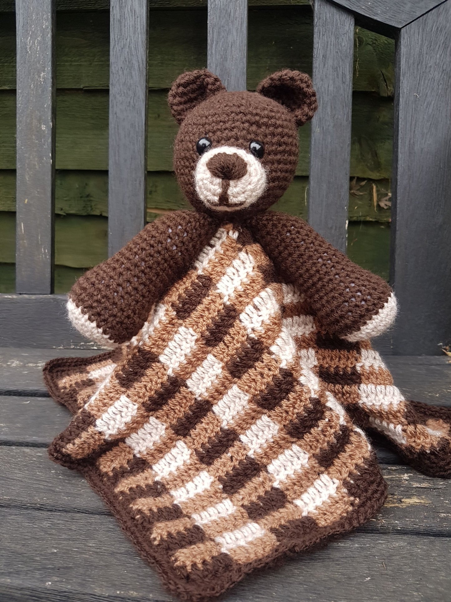 Barry The Bear Baby Lovey Security Blanket Comforter Toy Crochet Pattern ~ Baby Shower Birthday Gift Unisex Brown Plaid Gingham Blanket