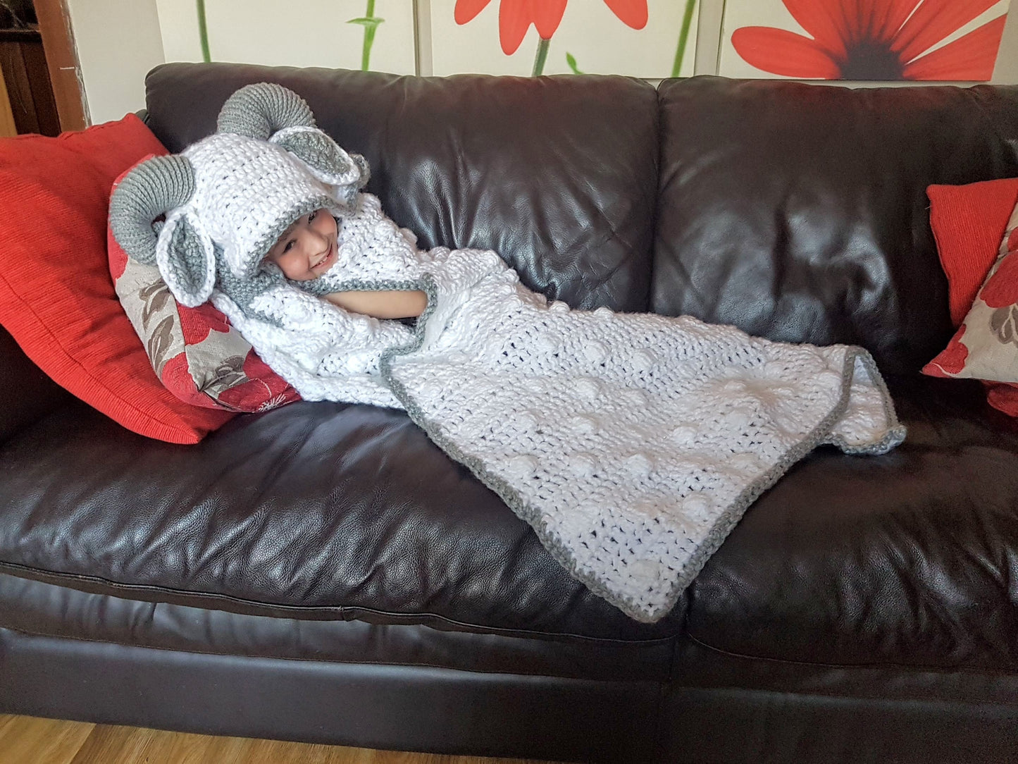 2 in 1 Hooded Ram Sheep Blanket in Adult and Child Sizes Crochet Pattern - Easter Spring Lamb Folding Blanket with Horns