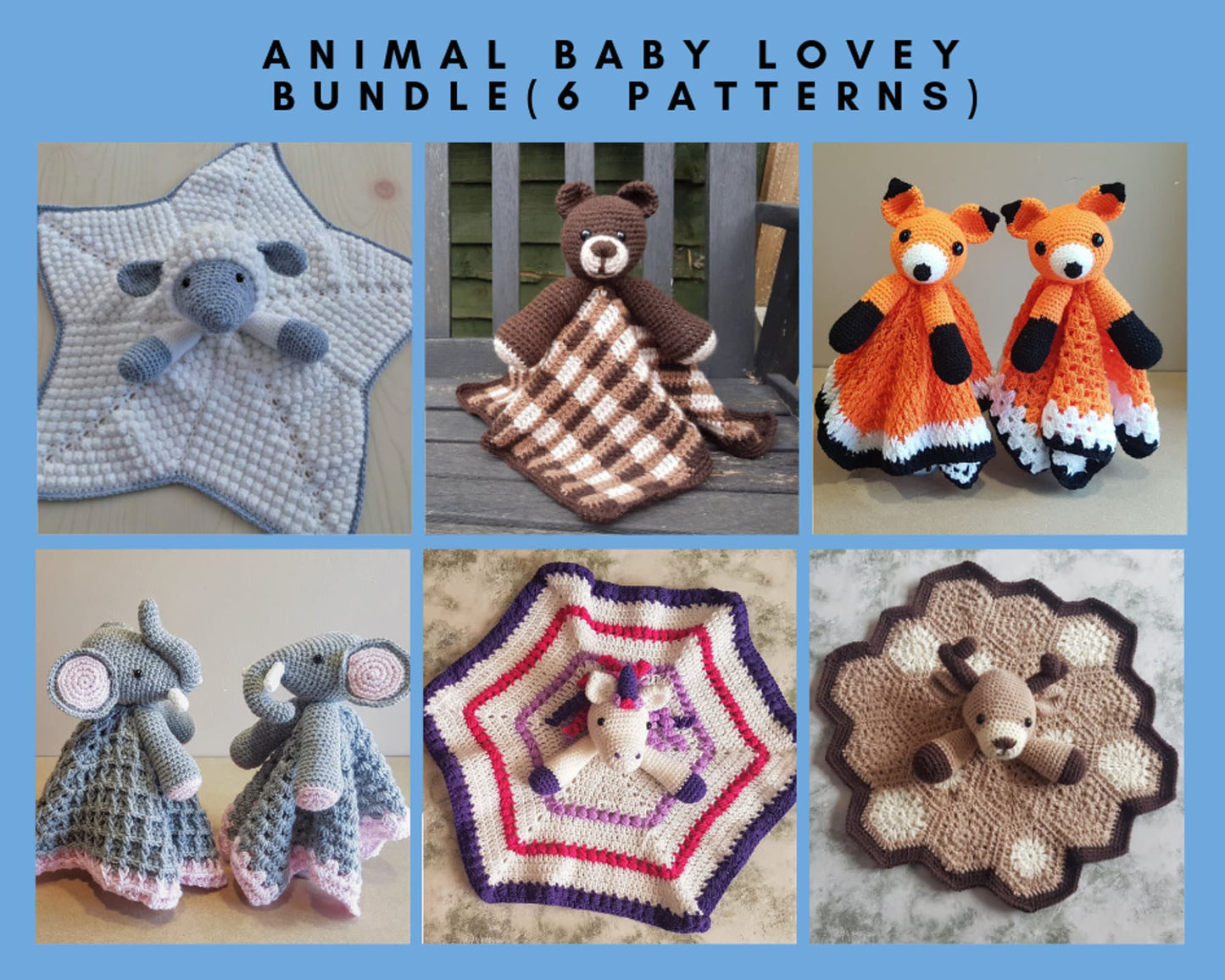 6 PATTERNS BUNDLE Of Animal Baby Lovey Security Blankets Toy - Sheep, Bear, Fox, Unicorn, Elephant & Deer - Baby Shower Gifts Birthday Toy