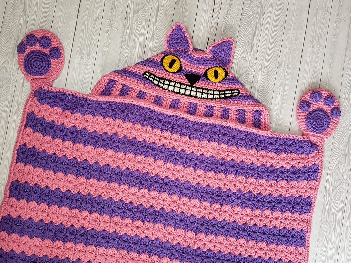 2 in 1 Hooded Cheshire Cat Blanket in Adult and Child Sizes CROCHET PATTERN Wearable Blanket Halloween Costume Birthday Gift Pink Cat Afghan