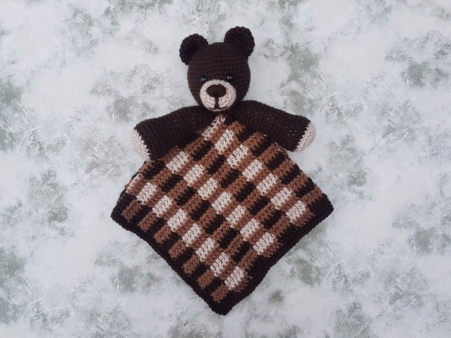 Barry The Bear Baby Lovey Security Blanket Comforter Toy Crochet Pattern ~ Baby Shower Birthday Gift Unisex Brown Plaid Gingham Blanket