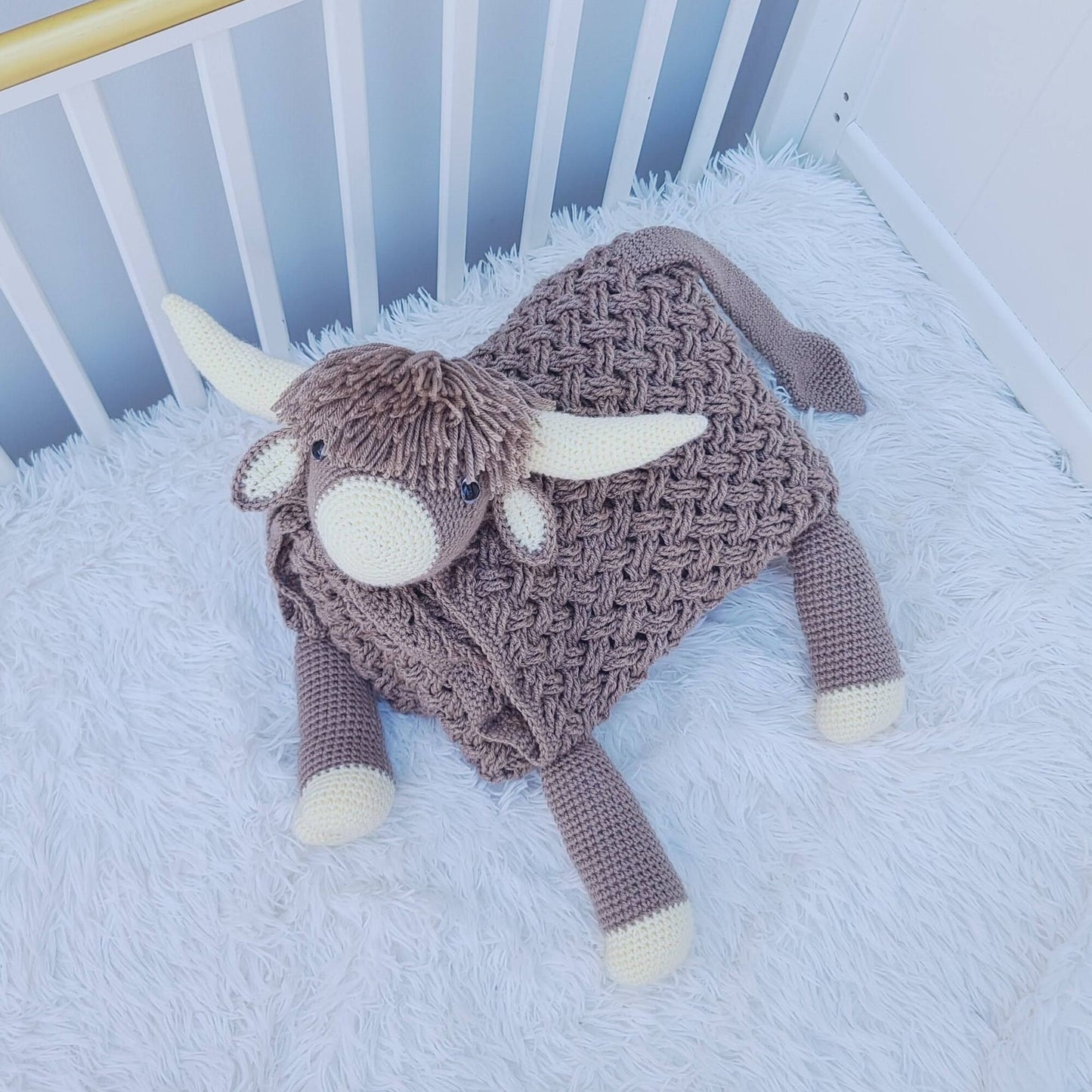 3 PATTERN BUNDLE Amigurumi Cow Baby Blankets - Scottish Highland Cow, Black Spotted Farm Cow, Strawberry Cow Baby Shower Gift Animal Blanket