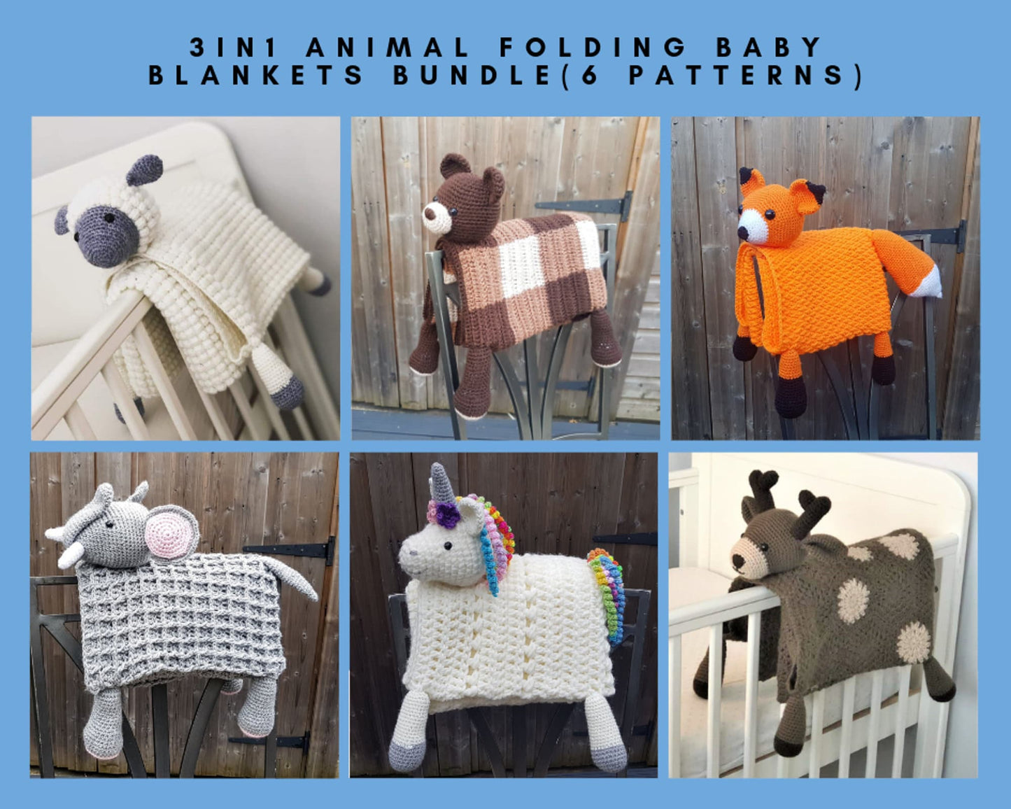6 PATTERNS BUNDLE Of 3in1 Animal Baby Blankets - Sheep, Bear, Fox, Unicorn, Elephant & Deer - Baby Shower Gift For Moms - Amigurumi Blankets