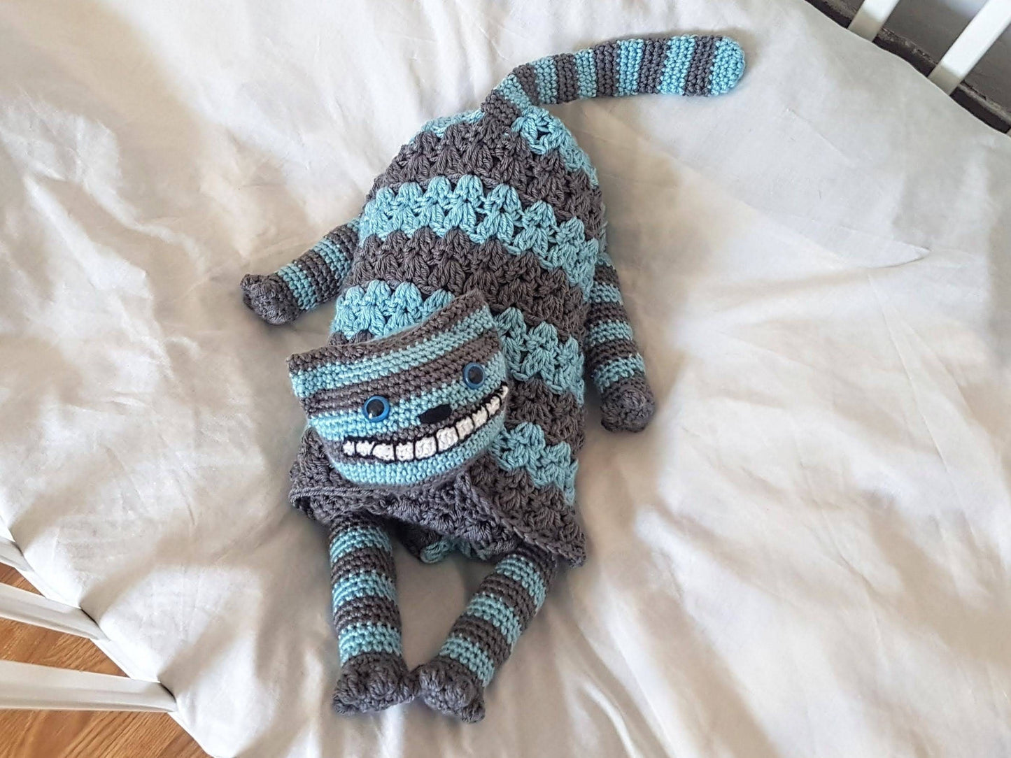 3in1 Cheshire Cat Folding Baby Blanket Crochet Pattern Stroller Pram Toy Security Blanket Lovey Baby Shower Gift Alice Wonderland Halloween