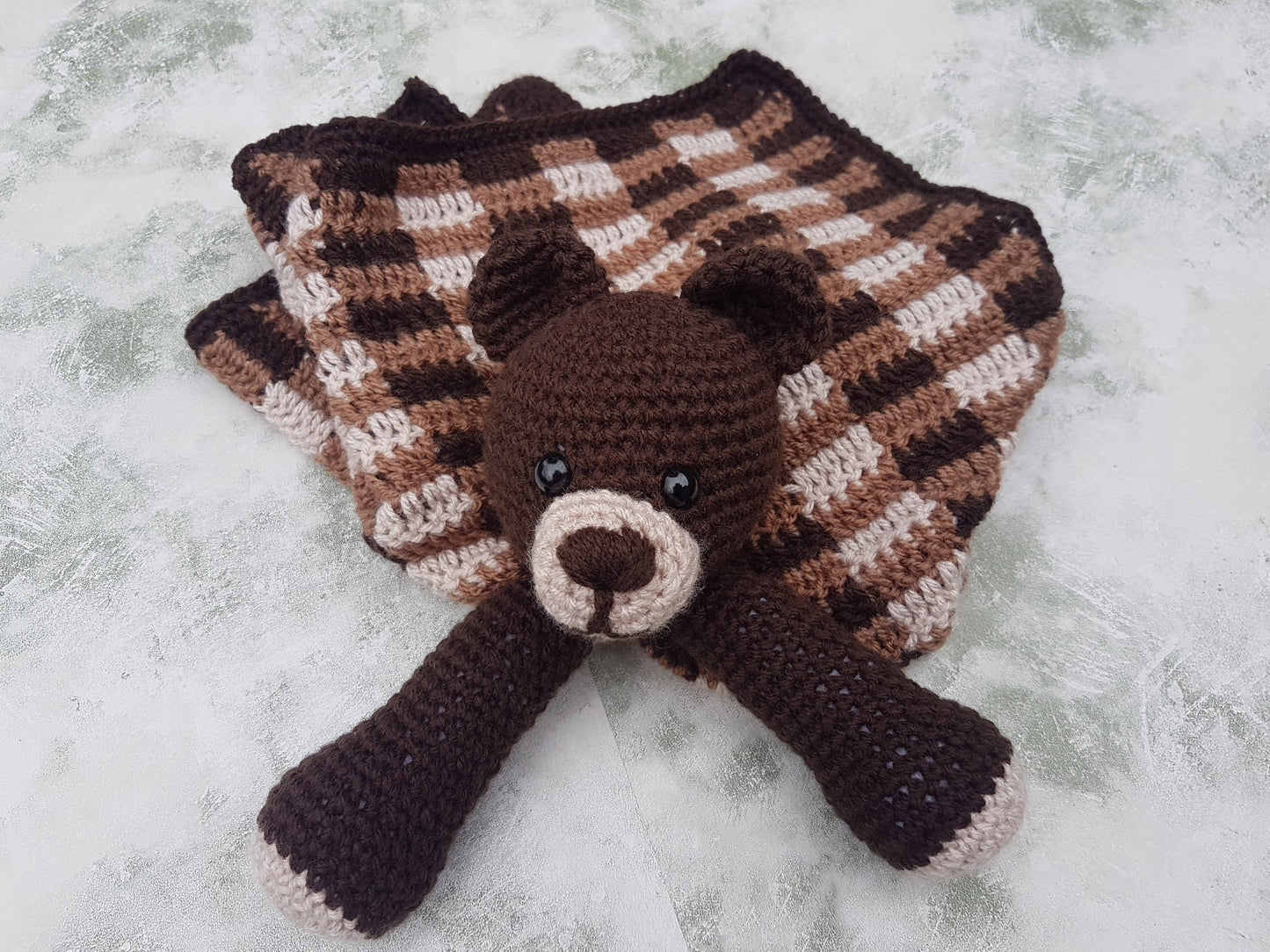 Barry The Bear Baby Lovey Security Blanket Comforter Toy Crochet Pattern ~ Baby Shower Birthday Gift Unisex Brown Plaid Gingham Blanket