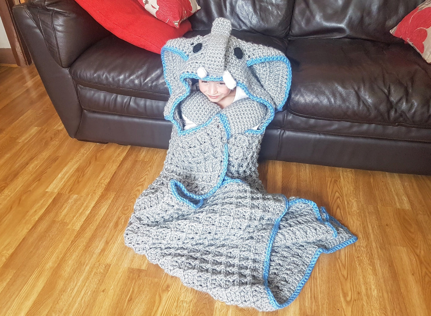 2 in 1 Elephant Hooded Blanket in Adult and Child Sizes Crochet Pattern - Safari Animal Decorative Folding Blanket  Birthday Christmas Gift