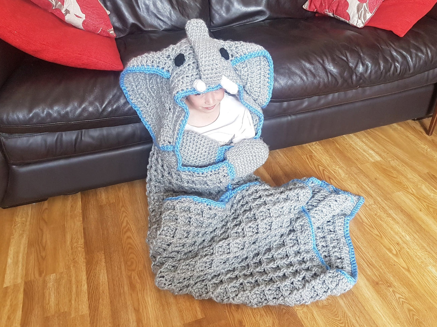 2 in 1 Elephant Hooded Blanket in Adult and Child Sizes Crochet Pattern - Safari Animal Decorative Folding Blanket  Birthday Christmas Gift
