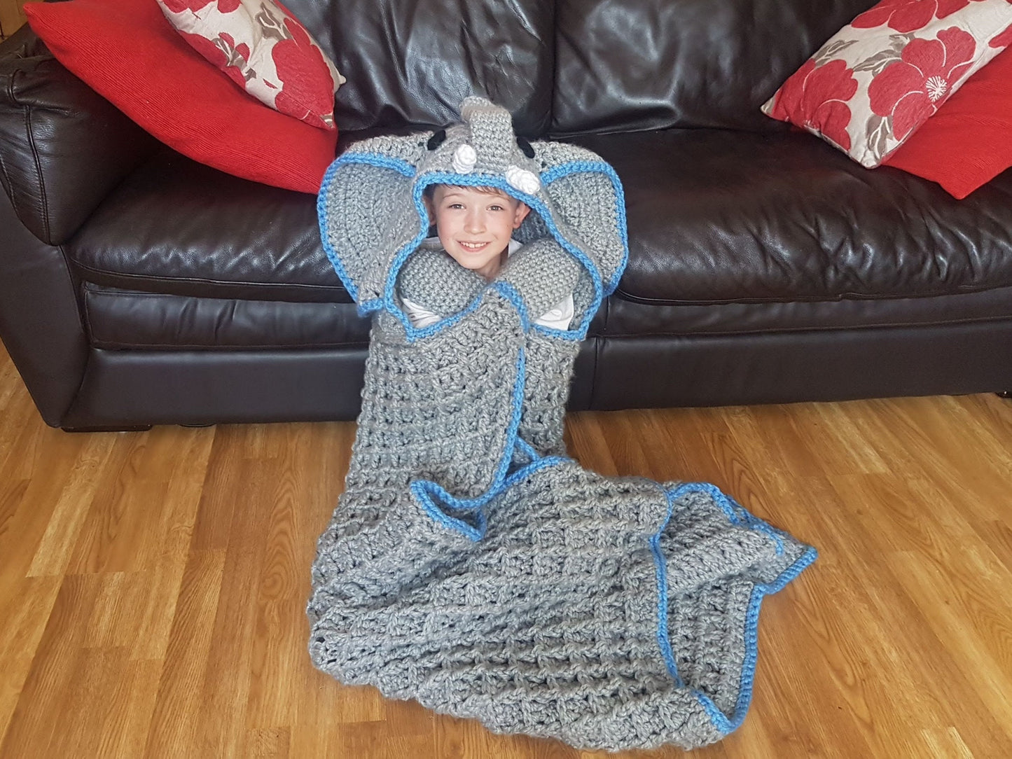 2 in 1 Elephant Hooded Blanket in Adult and Child Sizes Crochet Pattern - Safari Animal Decorative Folding Blanket  Birthday Christmas Gift