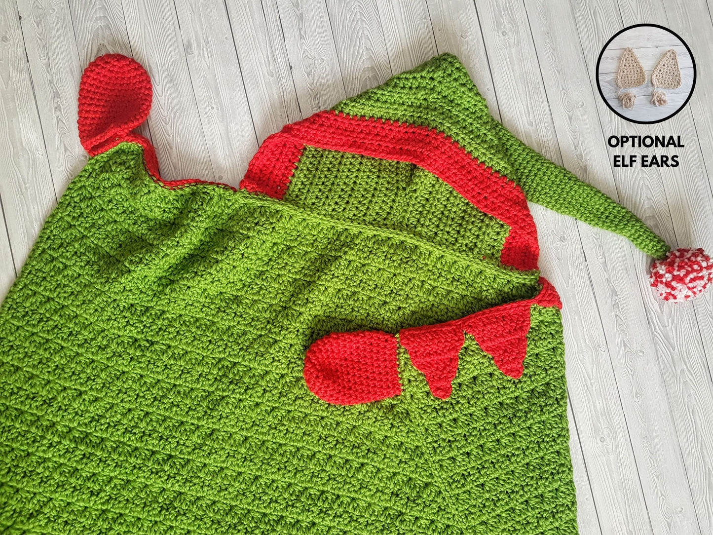 2in1 Hooded Christmas Elf Blanket Crochet Pattern | Christmas Afghan Adult Child Sizes Wearable Blanket Christmas Birthday Gift  Elf Blanket