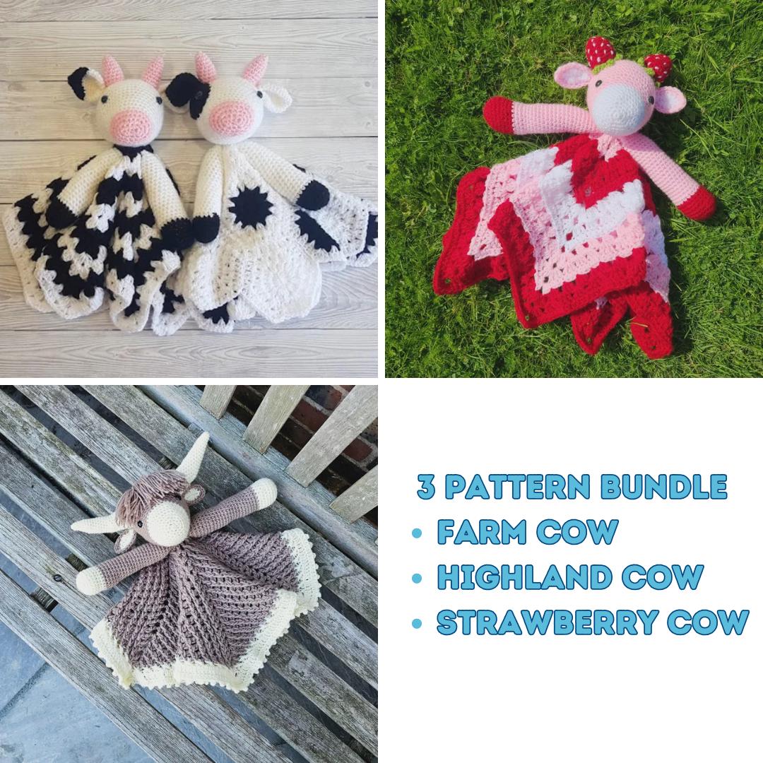 3 PATTERN BUNDLE Amigurumi Cow Baby Lovey - Scottish Highland Cow, Holstein Spotted Farm Cow, Strawberry Cow Baby Shower Gift Animal Blanket