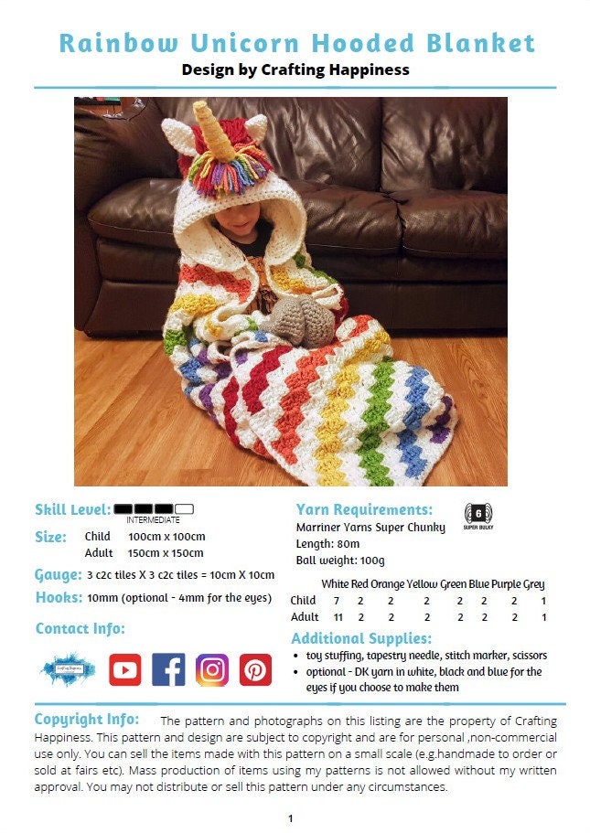 2in1 Rainbow Unicorn Hooded Blanket Crochet Pattern For Adults & Kids Wearable Blanket Christmas Birthday Gift Crochet Unicorn Hoodie Blanki