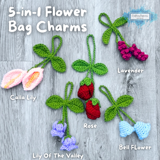 Lovely Flower Bloom Charms Car Hanging Crochet Patterns Bundle | For Her Bag Charm, Keychain, Bell Flower, Rose, Lily Of Valley, Calla Lily
