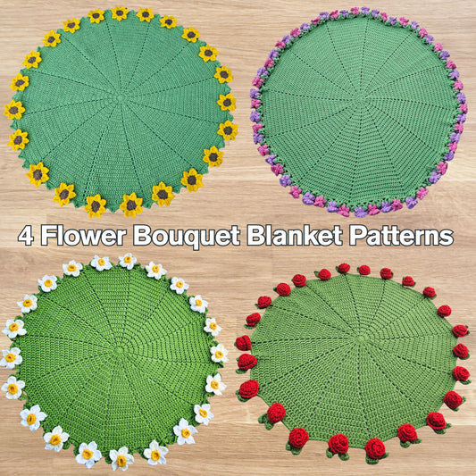 Bundle of 4 Flower Bouquet Blanket Crochet Patterns | Rose, Sunflower, Daffodil & Lily Afghan | Floral Baby Shower Mother's Day Gift Ideas
