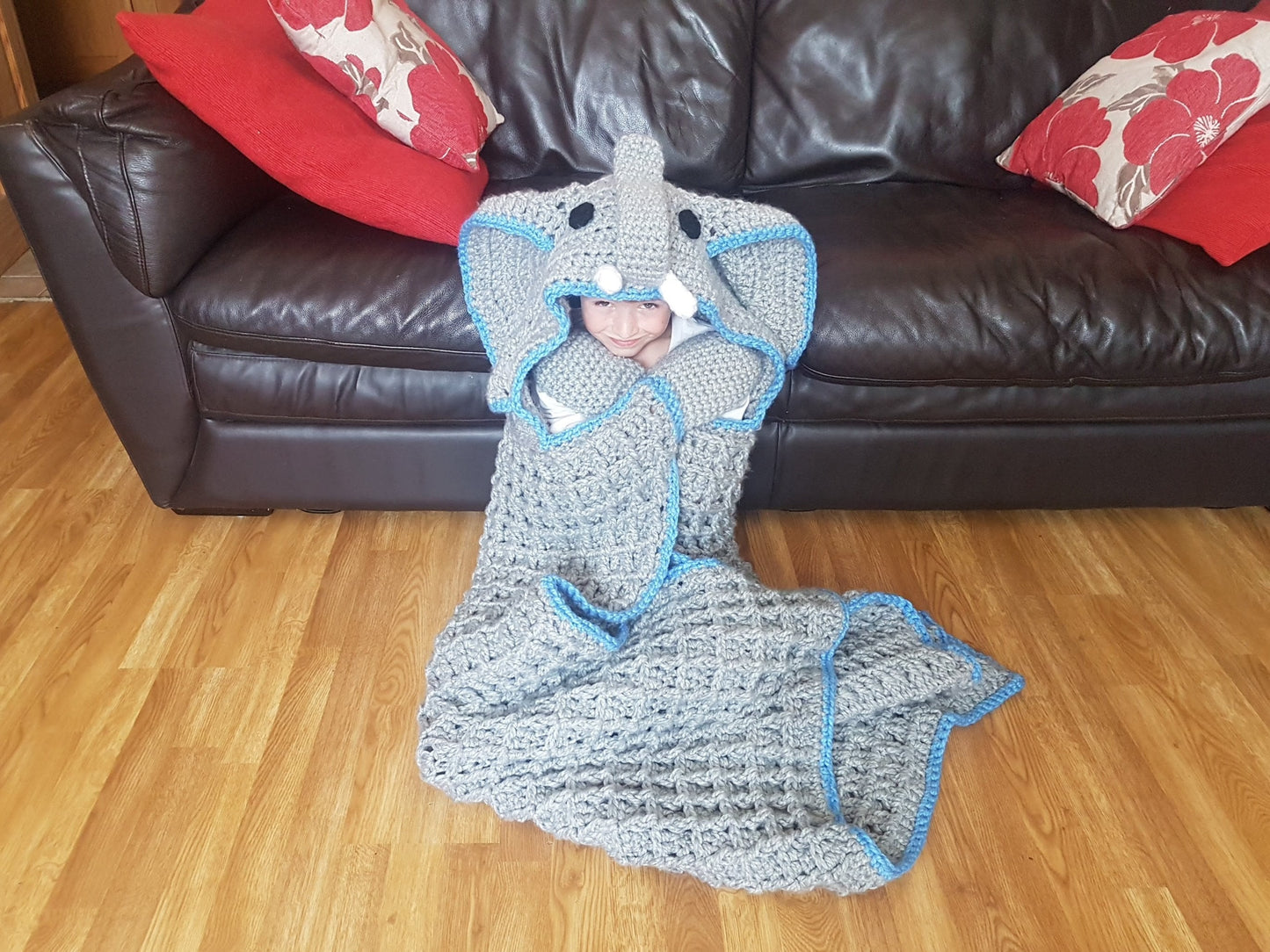 2 in 1 Elephant Hooded Blanket in Adult and Child Sizes Crochet Pattern - Safari Animal Decorative Folding Blanket  Birthday Christmas Gift