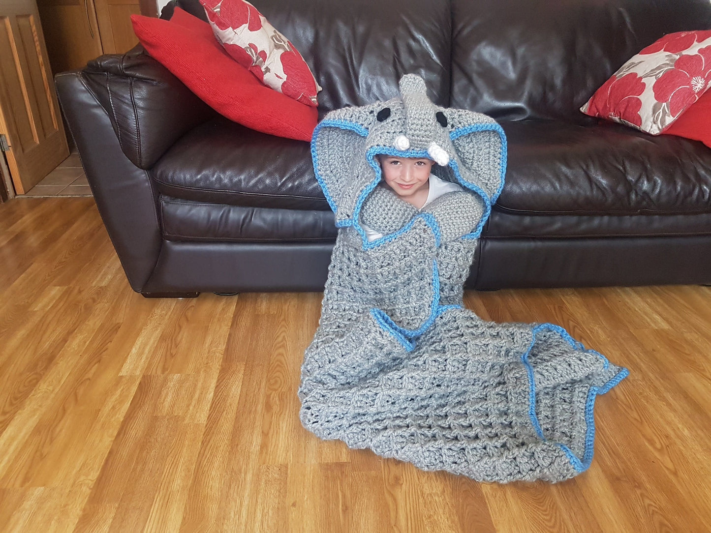 2 in 1 Elephant Hooded Blanket in Adult and Child Sizes Crochet Pattern - Safari Animal Decorative Folding Blanket  Birthday Christmas Gift