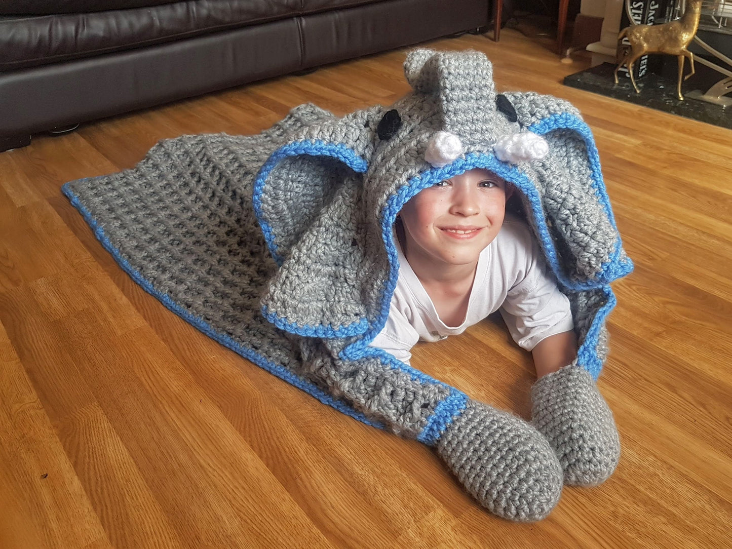 2 in 1 Elephant Hooded Blanket in Adult and Child Sizes Crochet Pattern - Safari Animal Decorative Folding Blanket  Birthday Christmas Gift