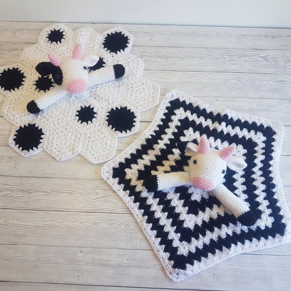 3 PATTERN BUNDLE Amigurumi Cow Baby Lovey - Scottish Highland Cow, Holstein Spotted Farm Cow, Strawberry Cow Baby Shower Gift Animal Blanket
